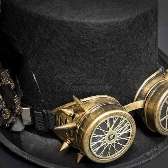 Steampunk Top Hat Costume Goggle Mask Feathers - Picture 2 of 4